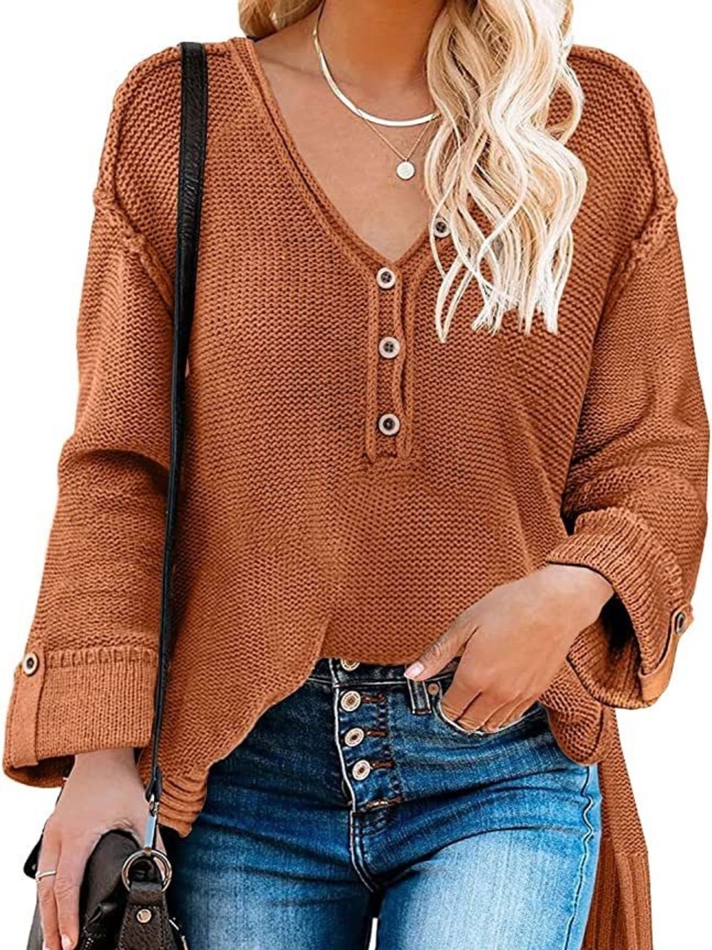 Vici Tan Cotton Cuffed Sleeve Sweater